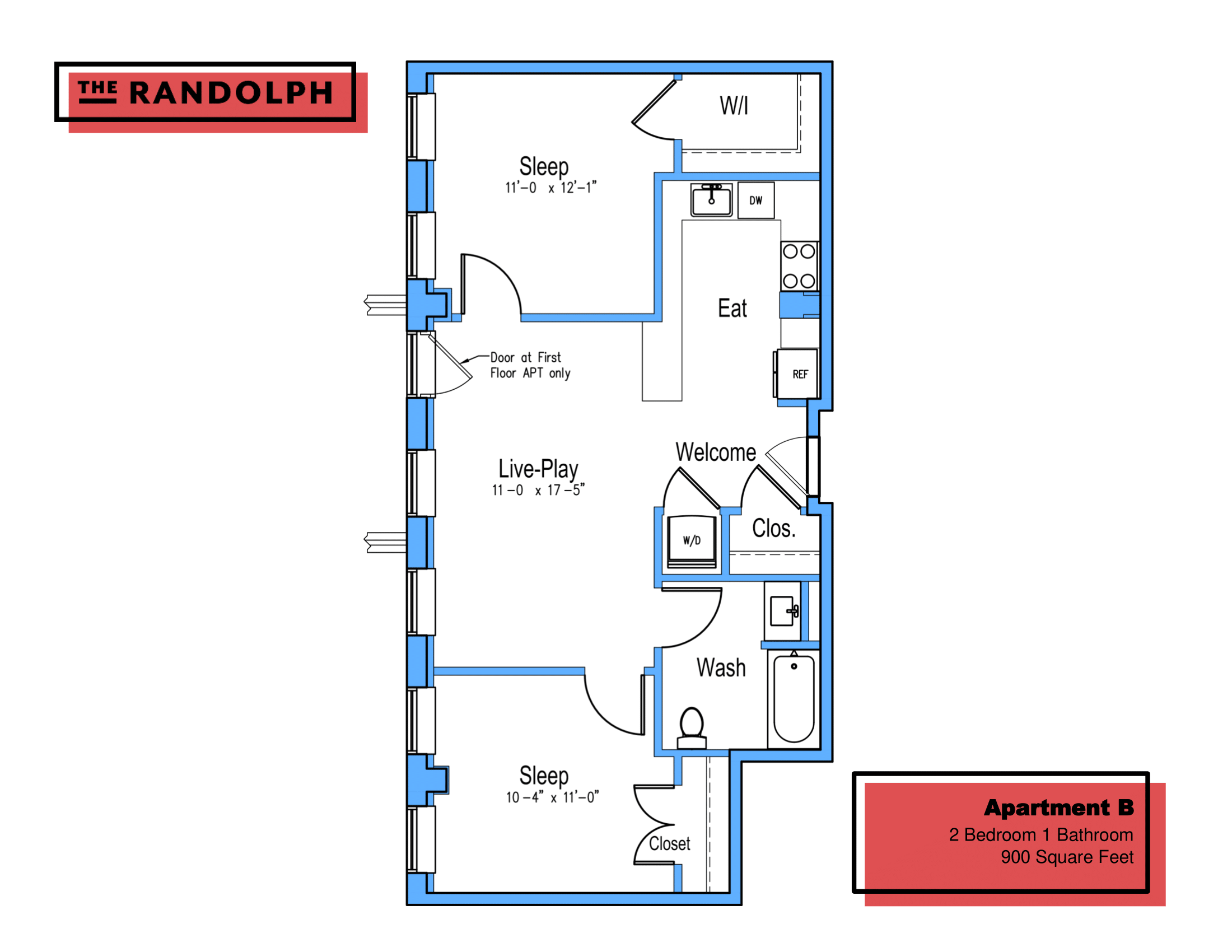 Floor plan for 2 beds, 1 bath, 900 sqft